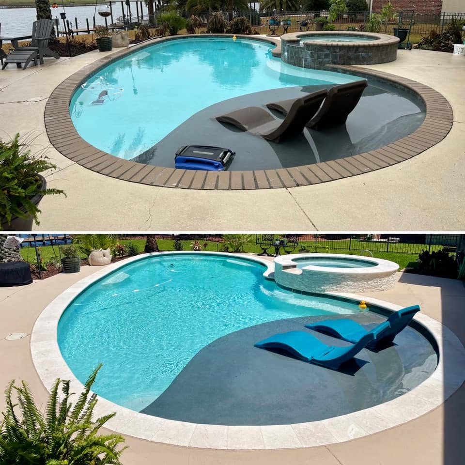 Before and after pool renovation with new travertine coping and white stone spa