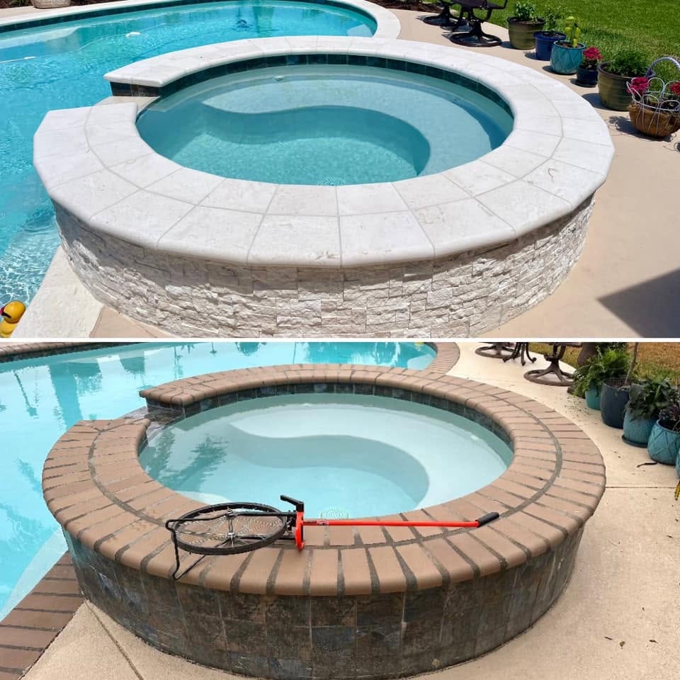 Before and after spa renovation with white stacked stone and travertine coping